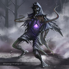 A skeletal figure with tentacles bursting from it's torso