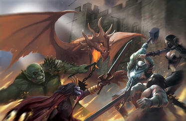 Human warriors battling a variety of monsters