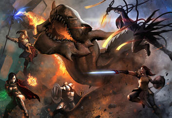 four fighters facing off against a dragon