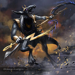 A jackal-faced warrior with two curved swords