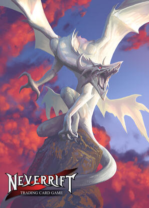 A white dragon spreading it's wings while perched atop a rock