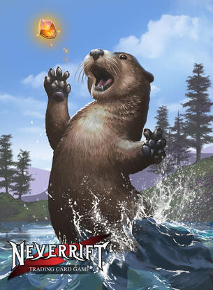 An otter leaping out of water to catch an orange jewel in mid-air