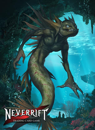 A fish-tailed humanoid in an underwater cave