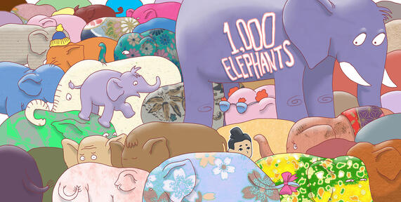 A boy is surrounded by countless colorful elephants
