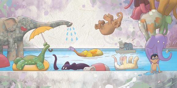 A young boy climbs out of a swimming pool while many colorful elephants frolic in the water