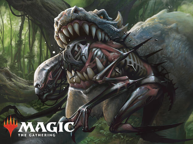 Dinosaur-like creature violently biting a robotic creature in a forest