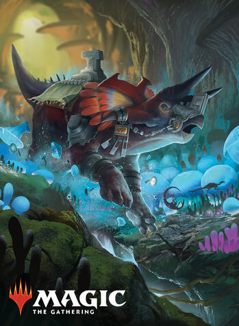 A triceratops in Nahuatl inspired armor crashing through a forest of mushrooms
