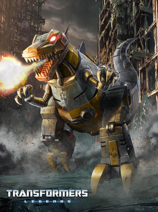 A robot Tyrannosaurus breathing fire while charging forward