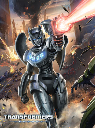 A female humanoid robot aiming a firearm towards the viewer amidst a battle