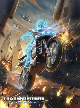 A silver motorcycle with a holographic rider performing a wheelie amidst burning wreckage