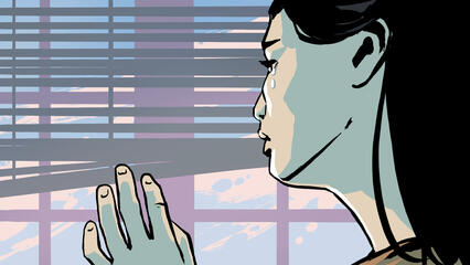 A sad woman looks out a window