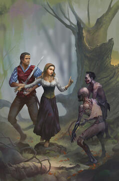A beautiful maiden in ragged clothes waves a finger at two zombies as she steps in to stop their confrontation with a worried sword-wielding prince