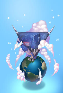 A cartoony image of a house on a globe