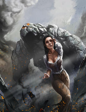 A woman walks in front of a giant rocky creature