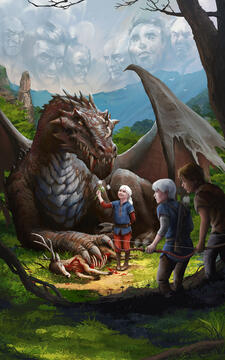 A small girl shows affection to a large terrifying dragon as two boys observe in awe from a distance. Ghostly faces of men can be seen watching them from the sky.