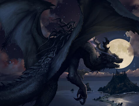 A fierce but beautiful black dragon flies towards a moonlit island castle in the distance