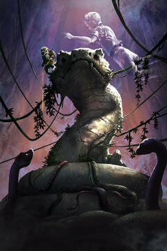 A ghostly figure of a boy hovers above a large, old snake statue surrounded by venomous snakes