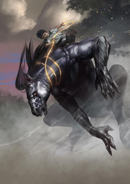 A humanoid horse rampages as a boy clings to it's back while attempting to tame it using a golden lasso