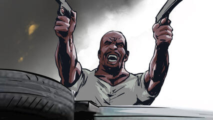 A muscly action star ends up confused during a gunfight