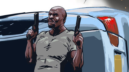 A muscly action star ends up confused during a gunfight