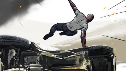 A muscly action star ends up confused during a gunfight