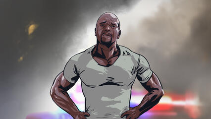 A muscly action star ends up confused during a gunfight