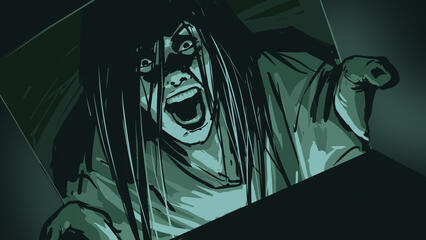 A disinterested woman watches a horror movie on her phone