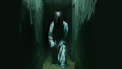 A disinterested woman watches a horror movie on her phone