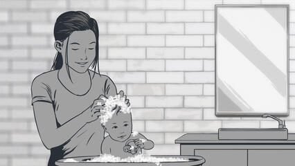 A mother bathes her baby after discovering an unpleasant smell on the infant's head