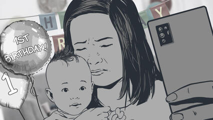 A mother bathes her baby after discovering an unpleasant smell on the infant's head
