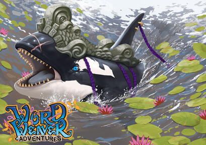 An Orca wearing a crown emerges from underwater between lily pads