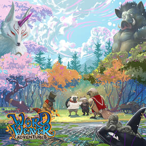 Four animal adventurers study a map. They are surrounded by a colorful forest while two friendly giant creatures look down at them