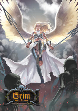 A spear wielding angel flying above skeletal zombies