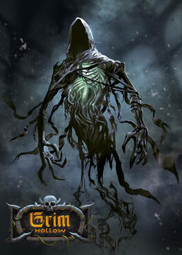 A terrifying, faceless, hooded specter floating in mist