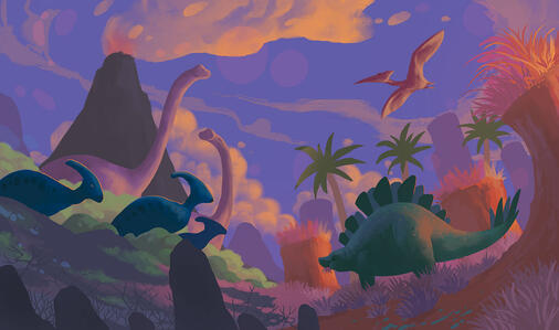 A colorful scene with a variety of dinosaurs