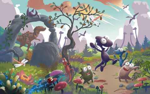 A baby dinosaur leaps joyfully surrounded by his friends in a valley full of colorful plants and prehistoric animals