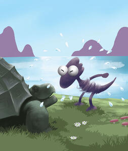 a baby dinosaur shakes water from his body like a dog, splattering a large smiling turtle
