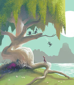 A baby dinosaur watches other dinosaur children enjoy leaping from a tree branch into a pond below