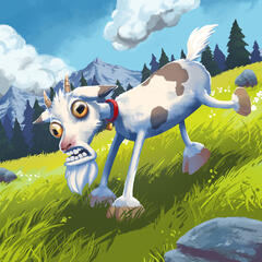 a silly goat running down a grassy hill