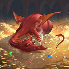 A greedy red dragon rests on his immense treasure hoard