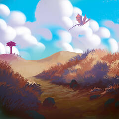 Colorful grassy hills with a dragon flying in the distance