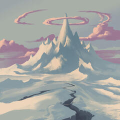 A snowy mountain and pink clouds